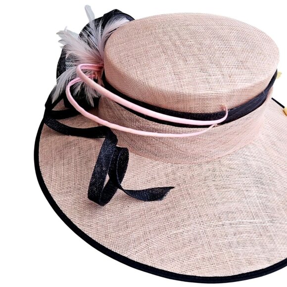 Y2K Cappelli Condici Pink Black Wide Brim Fascinator Hat Feathers L XL 25–26" - Picture 6 of 12